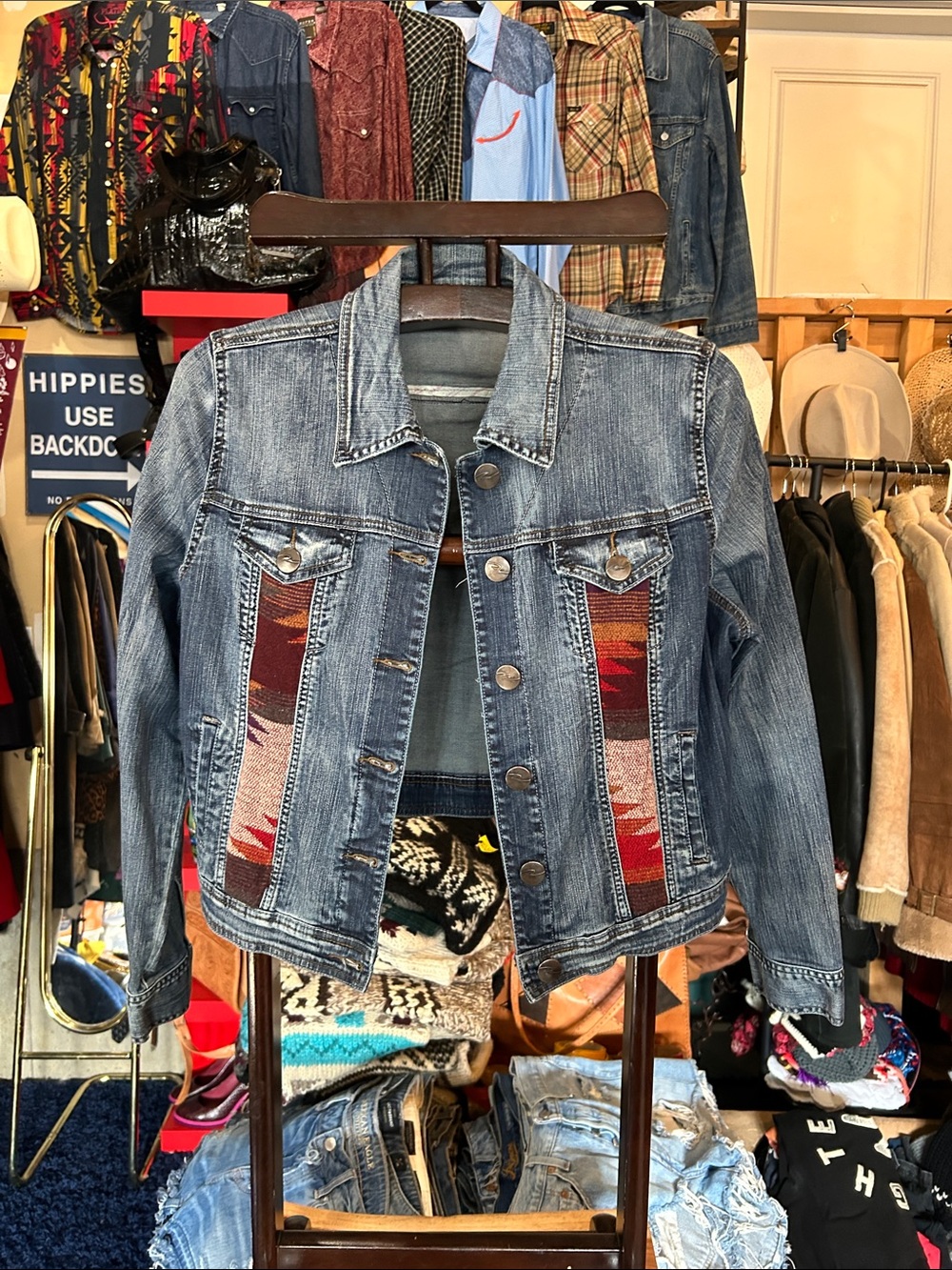 Denim Jacket with Red Aztec Panels - Women's - Unbranded